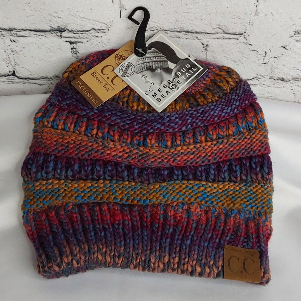'C.C BEANIE' MESSY BUN BEANIE TAIL' VARIEGATED STRIPE - Picture 1 of 16